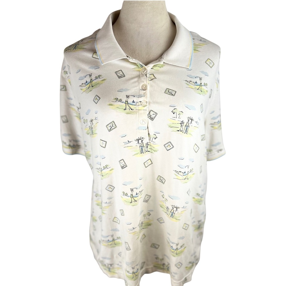Lizgolf by Liz Claiborne Women's Large Cream Golf Print Short Sleeve Polo shirt